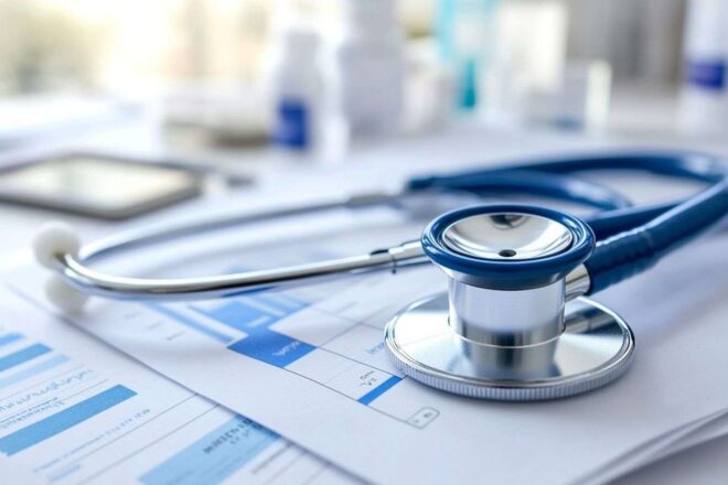 Gros plan stéthoscope sur bureau médecin