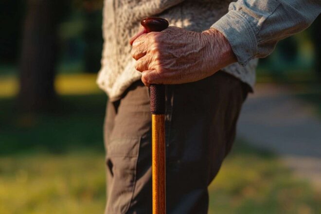 Gros plan de mains tenant des bâtons de marche tout en profitant du beau paysage dans le parc.