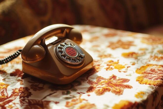 Gros plan d'un combiné téléphonique classique sur une nappe à motifs, évoquant une sensation de nostalgie.