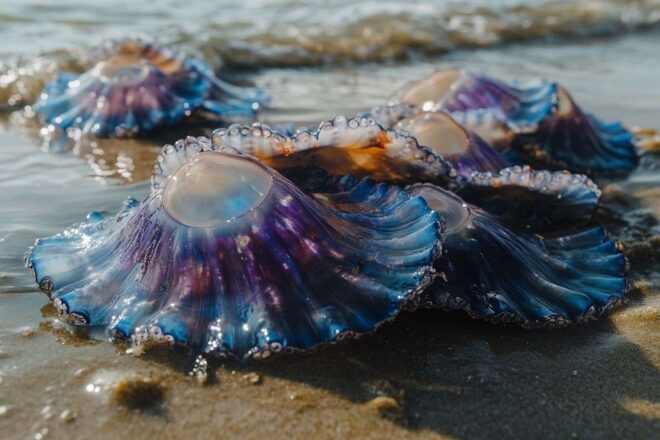 Une multitude de physalies portugaises échouées sur le rivage, dévoilant leurs formes distinctives et tentacules scintillants.