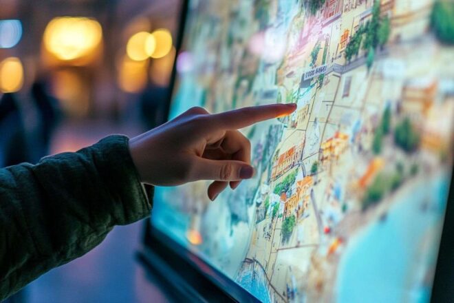 Une personne utilisant un écran tactile pour explorer les attractions locales sur une carte.