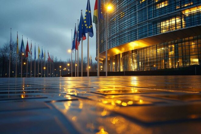Prise large du bâtiment du Parlement européen illuminé, symbolisant les décisions influençant le commerce international.