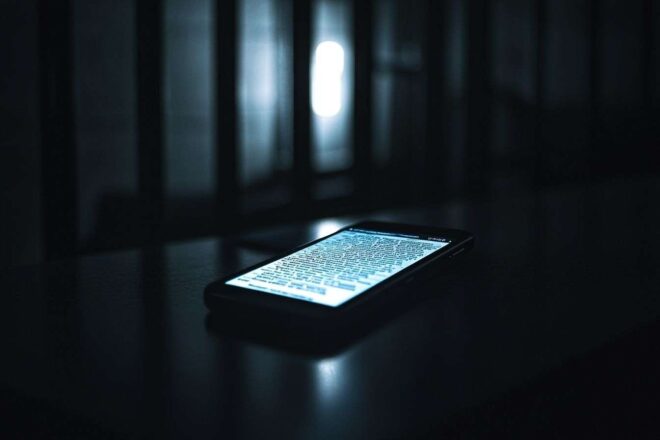 Image d'illustration. Salle sombre avec smartphone lumineux