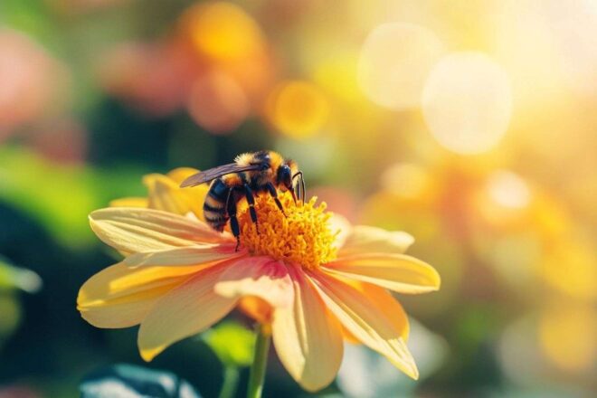 Une abeille en train de butiner le nectar d'une fleur éclatante dans un jardin verdoyant avec une lumière douce environnante.