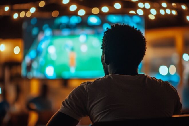 Lumières tamisées créant une atmosphère vive, moments forts du football vibrant sur l'écran géant.