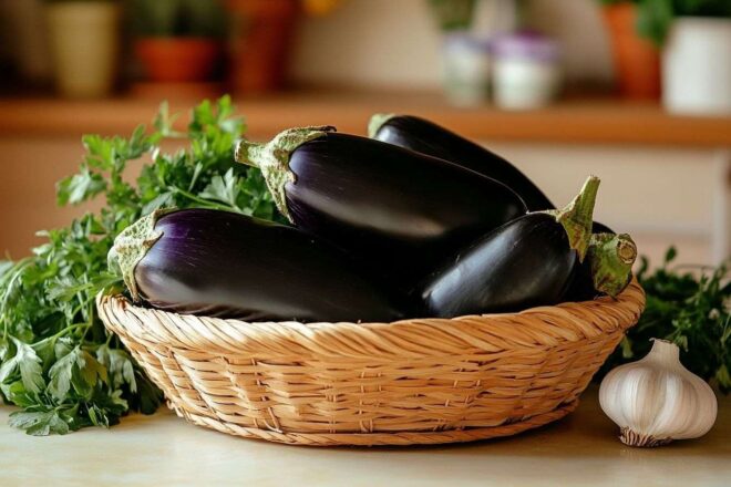 Des aubergines entières exposées dans un panier en osier, entourées d'herbes fraîches et d'ail pour une apparence fraîche de la ferme.