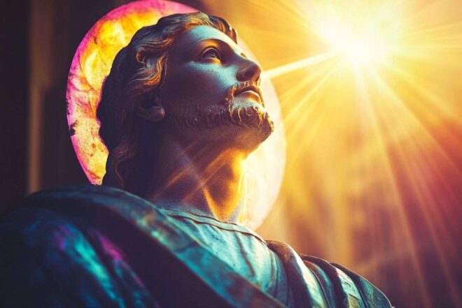 Gros plan d'une aura rayonnante entourant une figure sainte, scintillant avec des couleurs éthérées