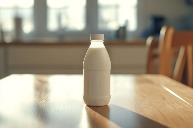 Gros plan d'une bouteille de lait en plastique blanc sur une table de cuisine en bois avec la lumière du matin filtrant à travers.