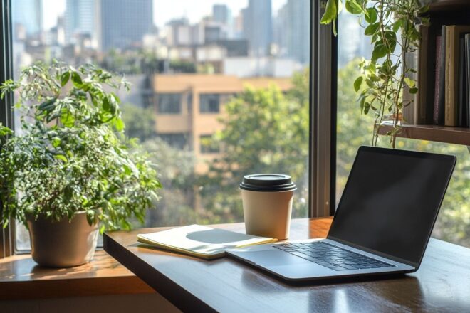 Un espace de travail épuré comprenant un ordinateur portable, un carnet pour prendre des notes et une tasse de café, le tout disposé devant une vue dégagée par la fenêtre.