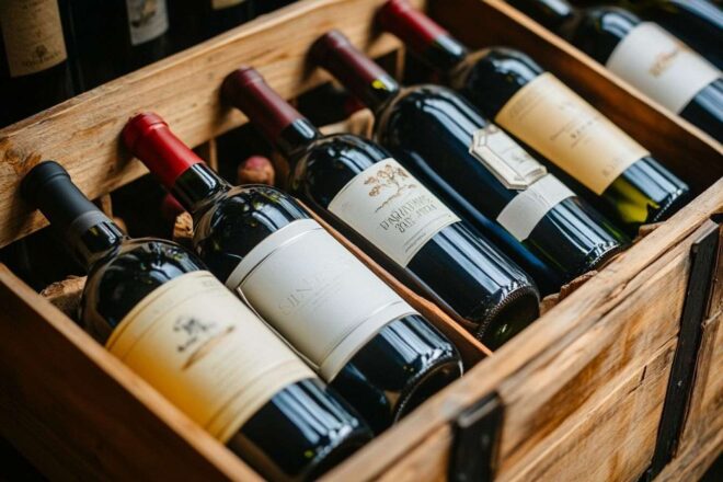 Caisse de vin ouverte avec une sélection de vins rouges et blancs