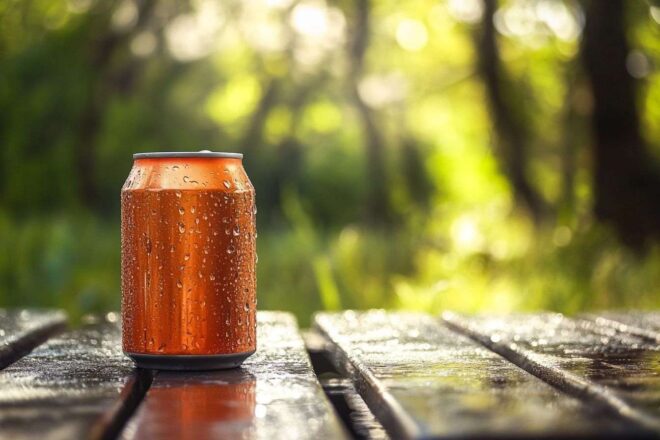 Une canette de soda rafraîchissante posée sur une table de pique-nique entourée par la nature, avec des gouttelettes de condensation scintillant.