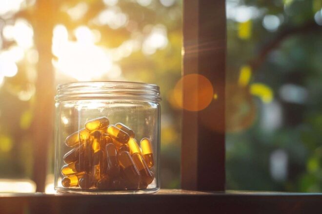 Capsules de différentes tailles exposées dans un pot en verre, réfléchissant la lumière du soleil à travers le récipient transparent.