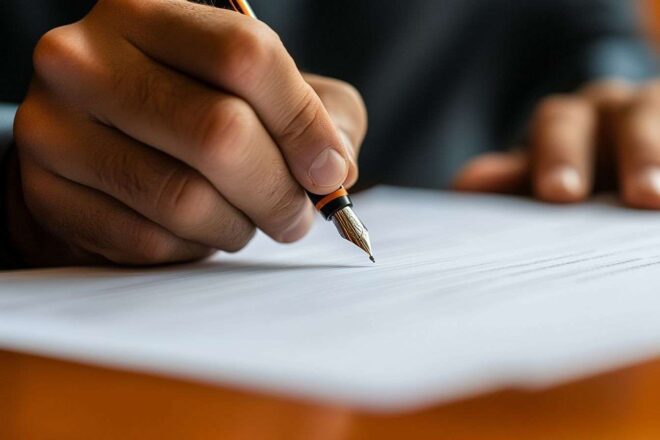 Mains tenant un stylo au-dessus d'un papier, représentant l'importance du dialogue politique.