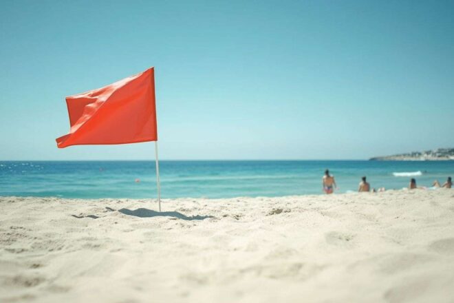 Un drapeau rouge flottant sur une plage de sable, signalant la prudence aux baigneurs au loin.