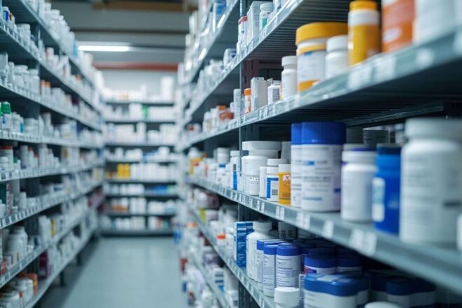 Étagères de laboratoire avec médicaments