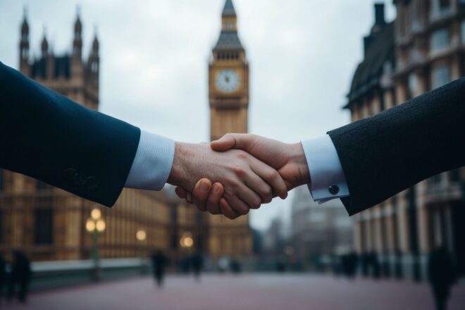 Image d'une poignée de mains sur fond de Big Ben flou, symbolisant une collaboration.