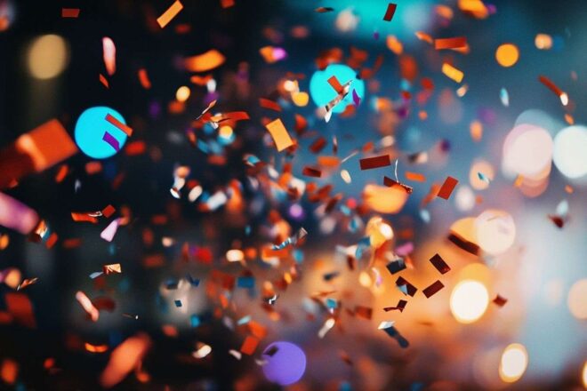 Une explosion vibrante de confettis célébrant un gain à la loterie, avec des lumières scintillantes en arrière-plan.
