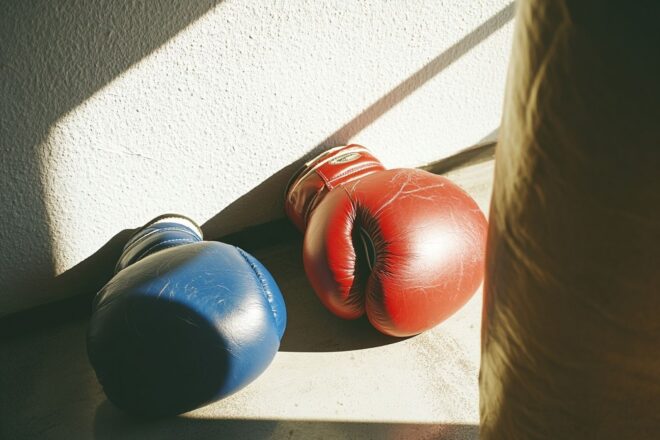 Une paire de gants de boxe colorés à côté d'un sac de frappe, avec des ombres créant des formes dynamiques.