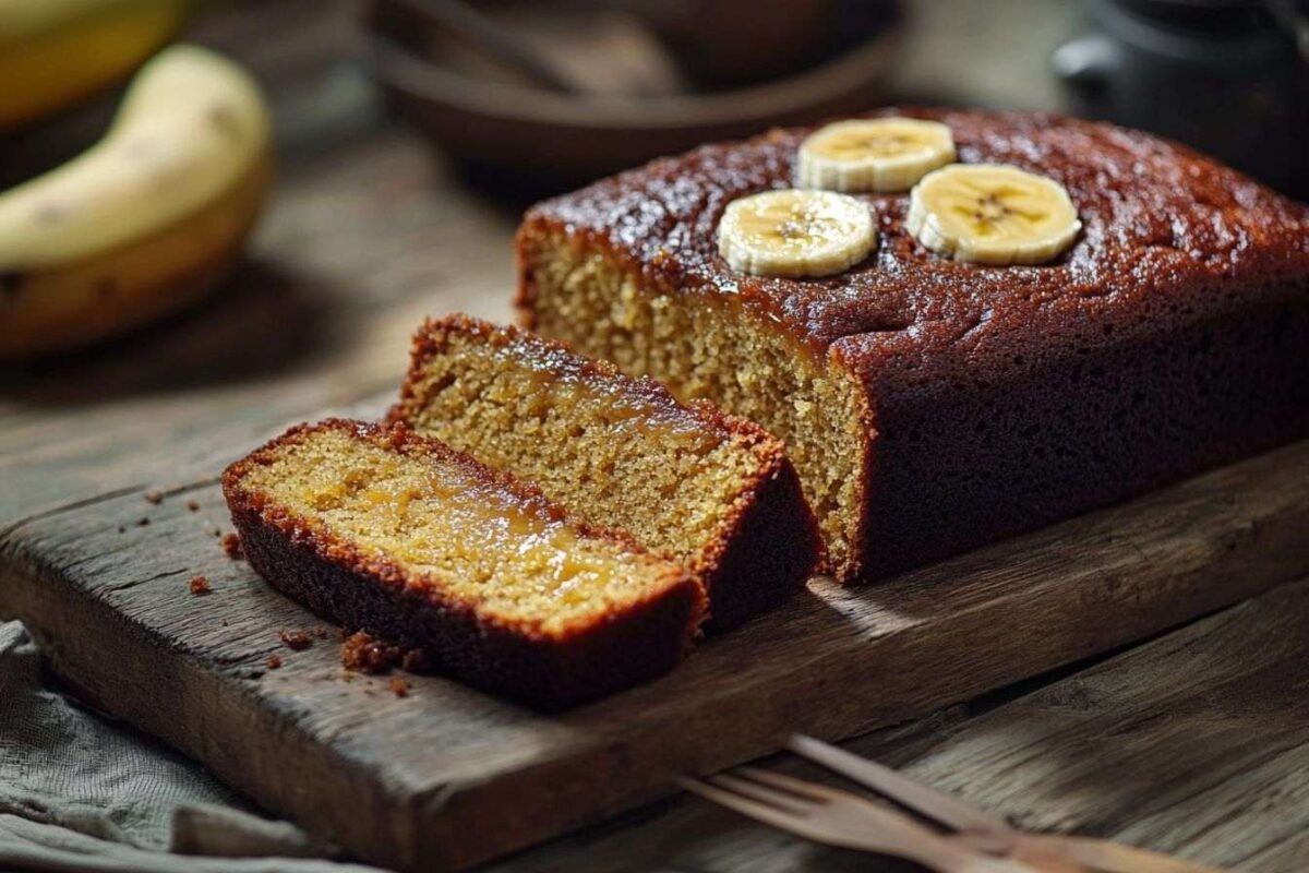 Gâteau à la banane tranché sur table rustique