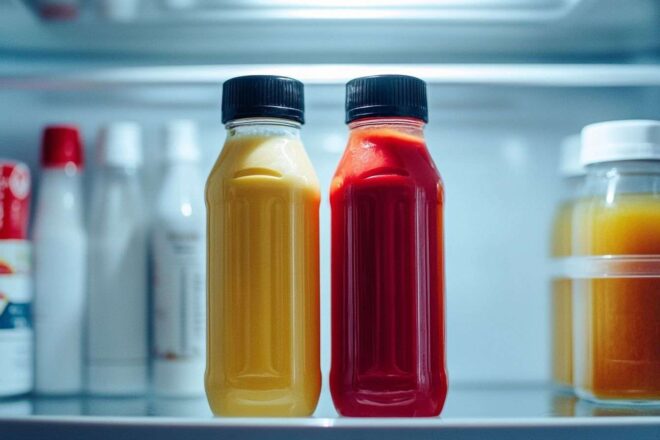 Gros plan sur des bouteilles de mayonnaise et de ketchup posées sur une étagère de réfrigérateur, avec la lumière qui se reflète sur les étiquettes.