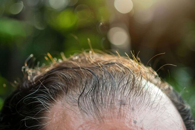 Gros plan de cheveux sains et brillants après greffe réussie