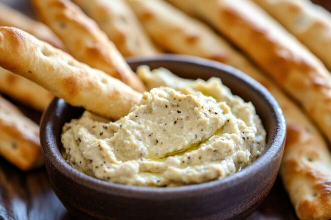 Une image en gros plan montrant des gressins croquants trempés dans une tartinade de thon onctueuse et savoureuse, servie dans un petit bol.