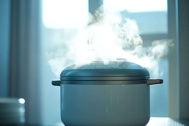 Image d'un cuiseur à riz avec la vapeur s'élevant doucement du couvercle, mettant en valeur son design élégant.