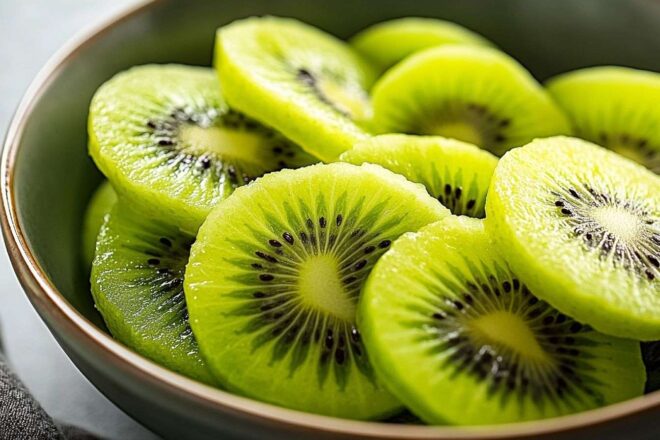 Un bol de tranches de kiwis fraîchement coupées