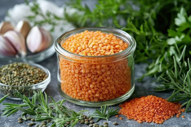 Lentilles corail empilées dans un petit pot en verre, entourées d'herbes et d'épices fraîches pour contraste.