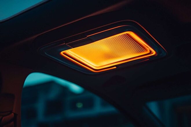 Gros plan sur la lumière de plafond intérieure d'une voiture, diffusant une lueur chaleureuse pendant une conduite nocturne.