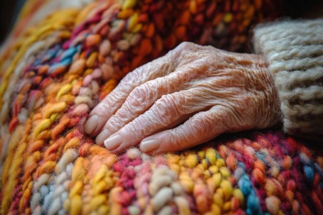Gros plan sur la main d'une personne âgée reposant doucement sur une couverture tricotée, mettant en avant la peau vieillie.