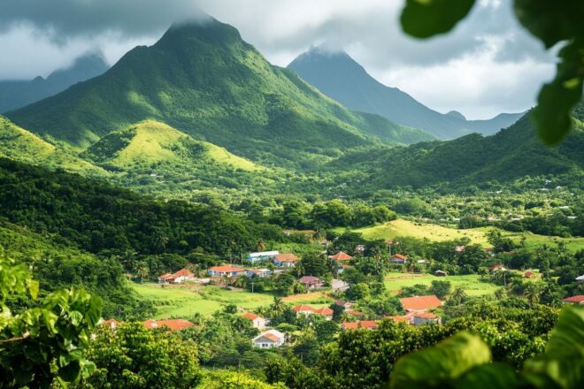 Montagnes verdoyantes s'élevant au-dessus d'un village animé, mettant en valeur la beauté du paysage guadeloupéen.