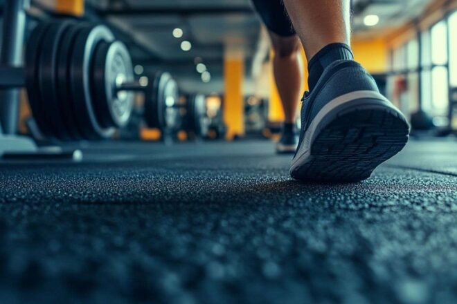 Une personne se dépassant lors d'une séance d'entraînement intense dans un environnement de gymnase vibrant.