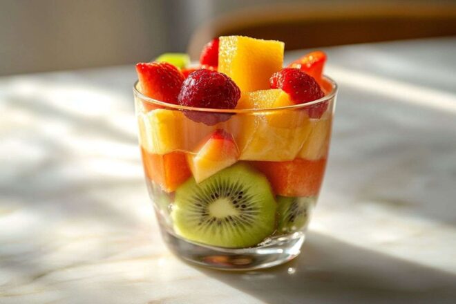Une salade de fruits rafraîchissante servie dans un verre transparent, superposée magnifiquement pour une présentation séduisante.
