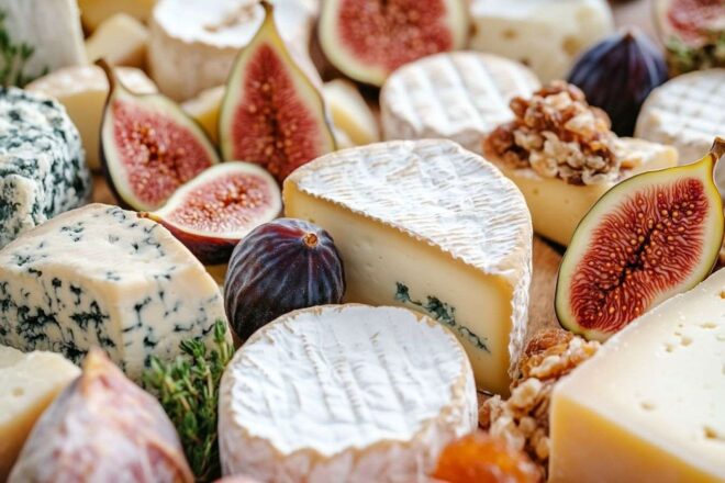 Découvrez la richesse des fromages français associés à des accompagnements colorés tels que des figues et des fruits secs, vus d'en haut.