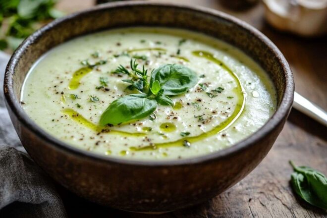 Soupe crémeuse de courgettes servie dans un bol rustique avec des herbes fraîches et un filet d'huile d'olive.