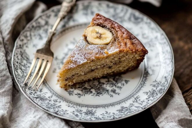 Une tranche de gâteau à la banane servie sur une délicate assiette en porcelaine, avec une fourchette reposant à côté.