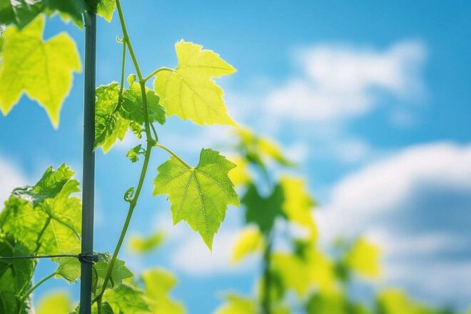 Vue verticale d'une vigne verdoyante s'élevant vers le ciel, soutenue par un tuteur de plante élégant.