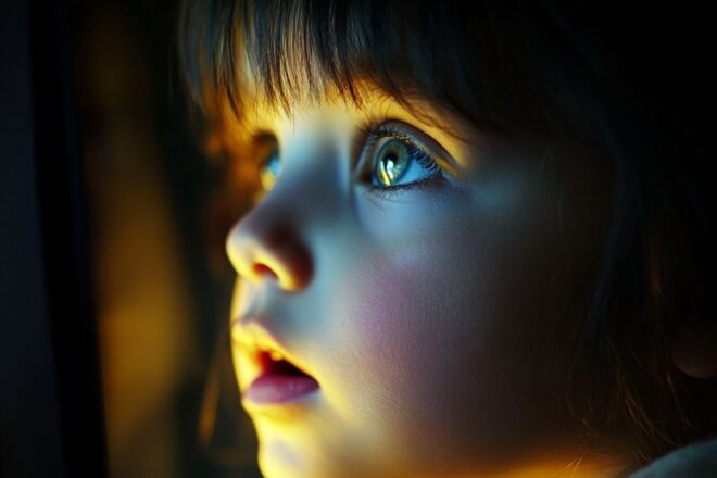 Gros plan du visage d'un enfant illuminé par la lueur de la télévision dans une pièce sombre.