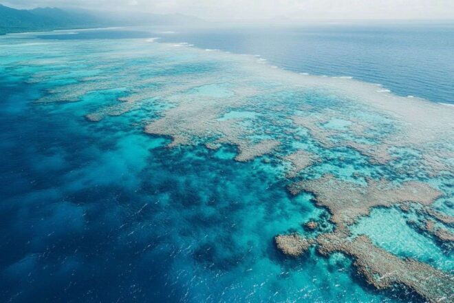 Vue aérienne de la Grande Barrière de Corail mettant en évidence le blanchissement des coraux et la vie marine diversifiée.
