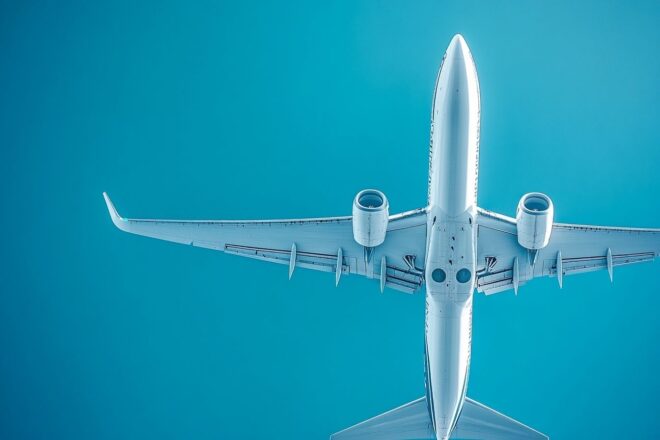 Image aérienne d'un avion Boeing traversant un ciel bleu clair, mettant en valeur la position de la turbine sur l'aile.