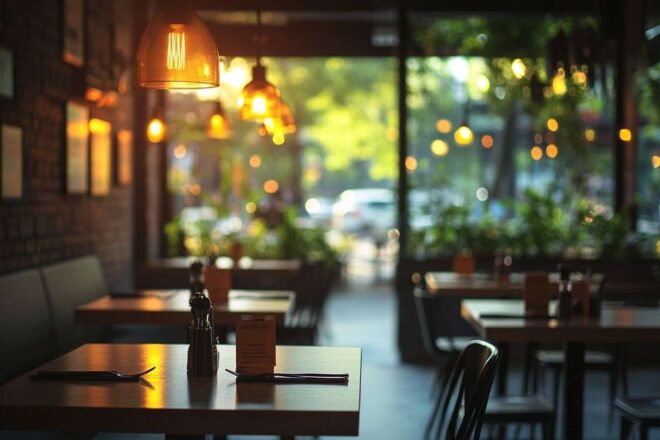 Intérieur de restaurant presque vide avec un décor épuré et des lumières suspendues douces.