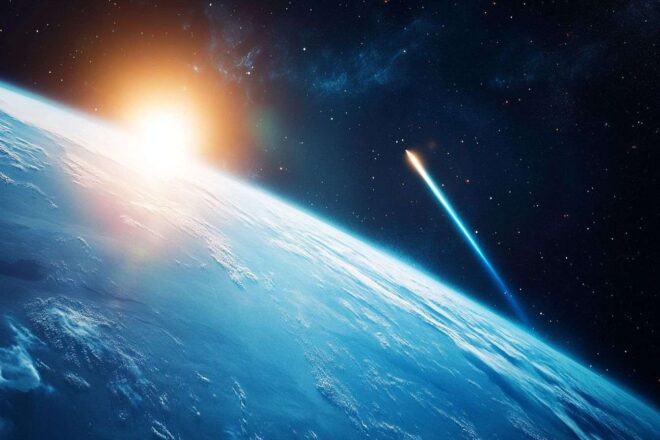 Comète proche de la terre avec un noyau et une queue lumineux