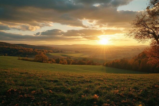 Coucher de soleil sur des collines ondulantes