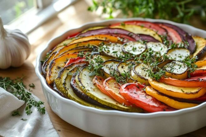 Couches colorées de légumes dans un plat en céramique