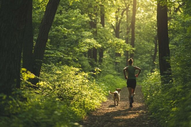 Coureur avec chien dans forêt luxuriante