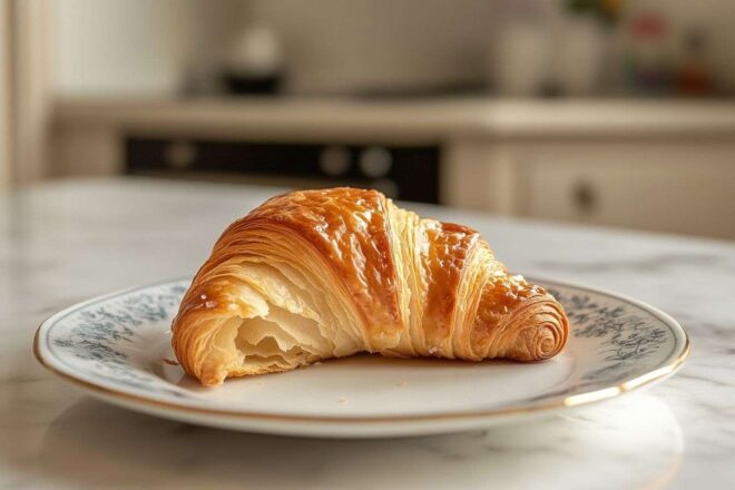 Croissant mi dégusté sur une assiette en porcelaine