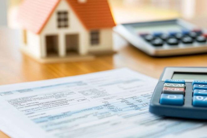 Document immobilier en gros plan avec calculatrice