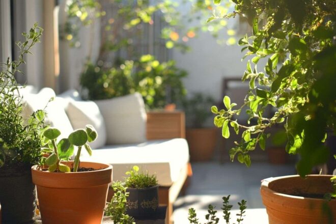 Espace extérieur avec plantes vibrantes et coin rassemblement