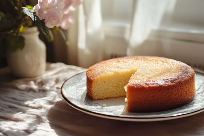 Gâteau au yaourt sur assiette en porcelaine